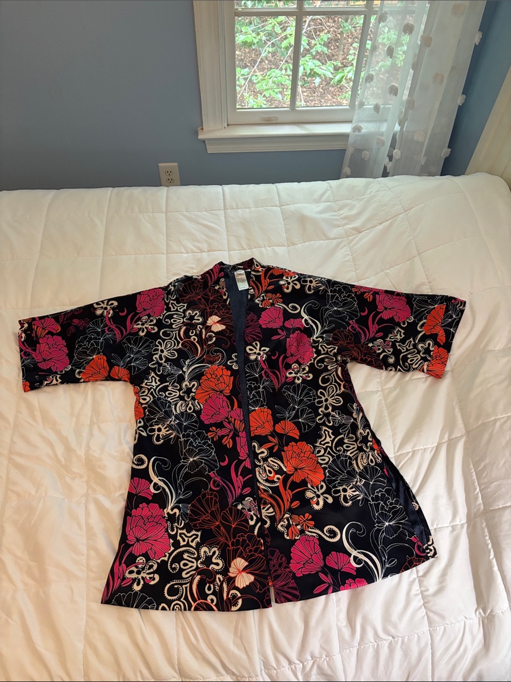 Chico's navy Tunic jacket with Pink and Orange Floral Accents